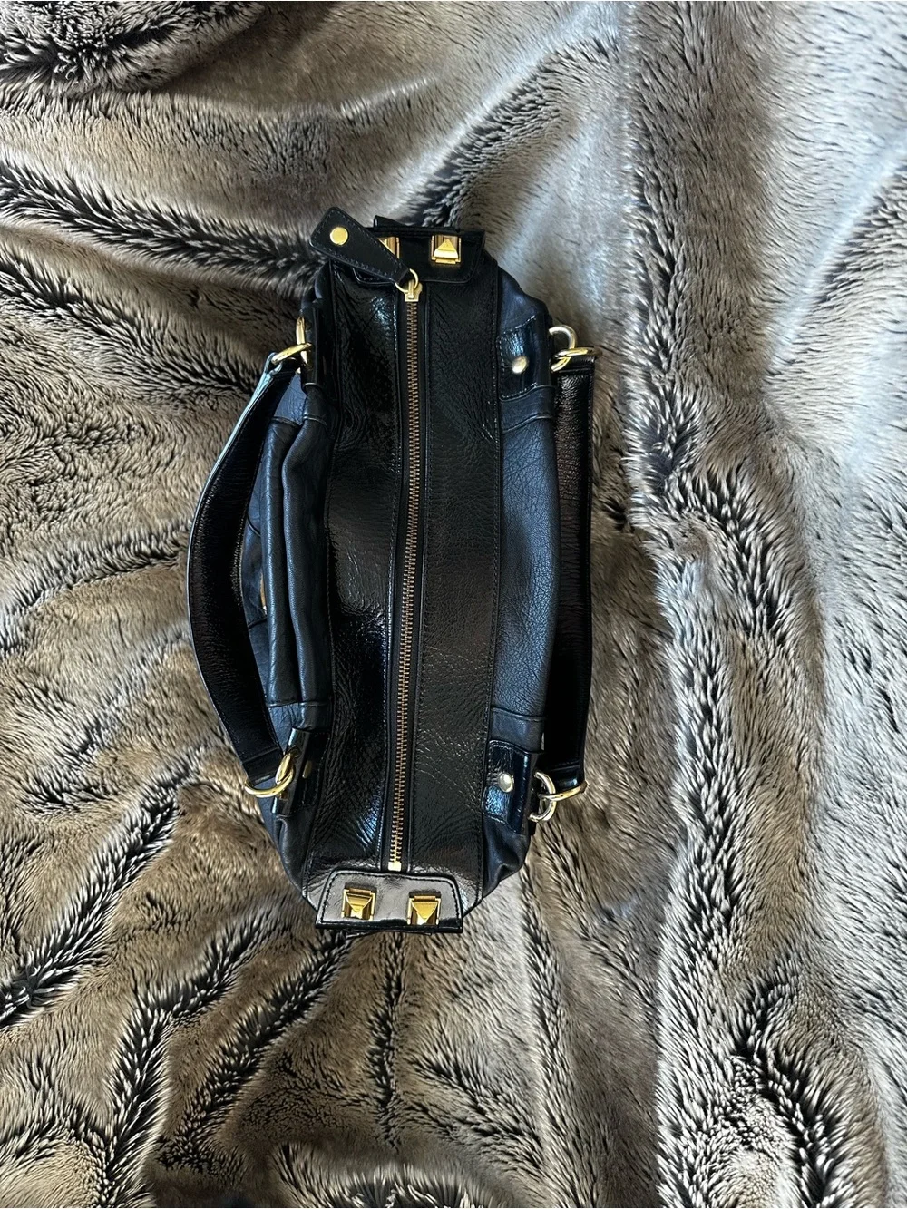 BCBG Max Azria Black Leather Satchel with Gold Hardware
